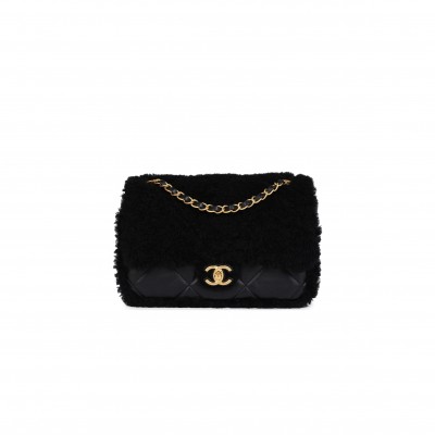 CHANEL MEDIUM SHEARLING FLAP BAG BLACK LAMBSKIN BRUSHED GOLD HARDWARE  (23.5*16*7.5cm)